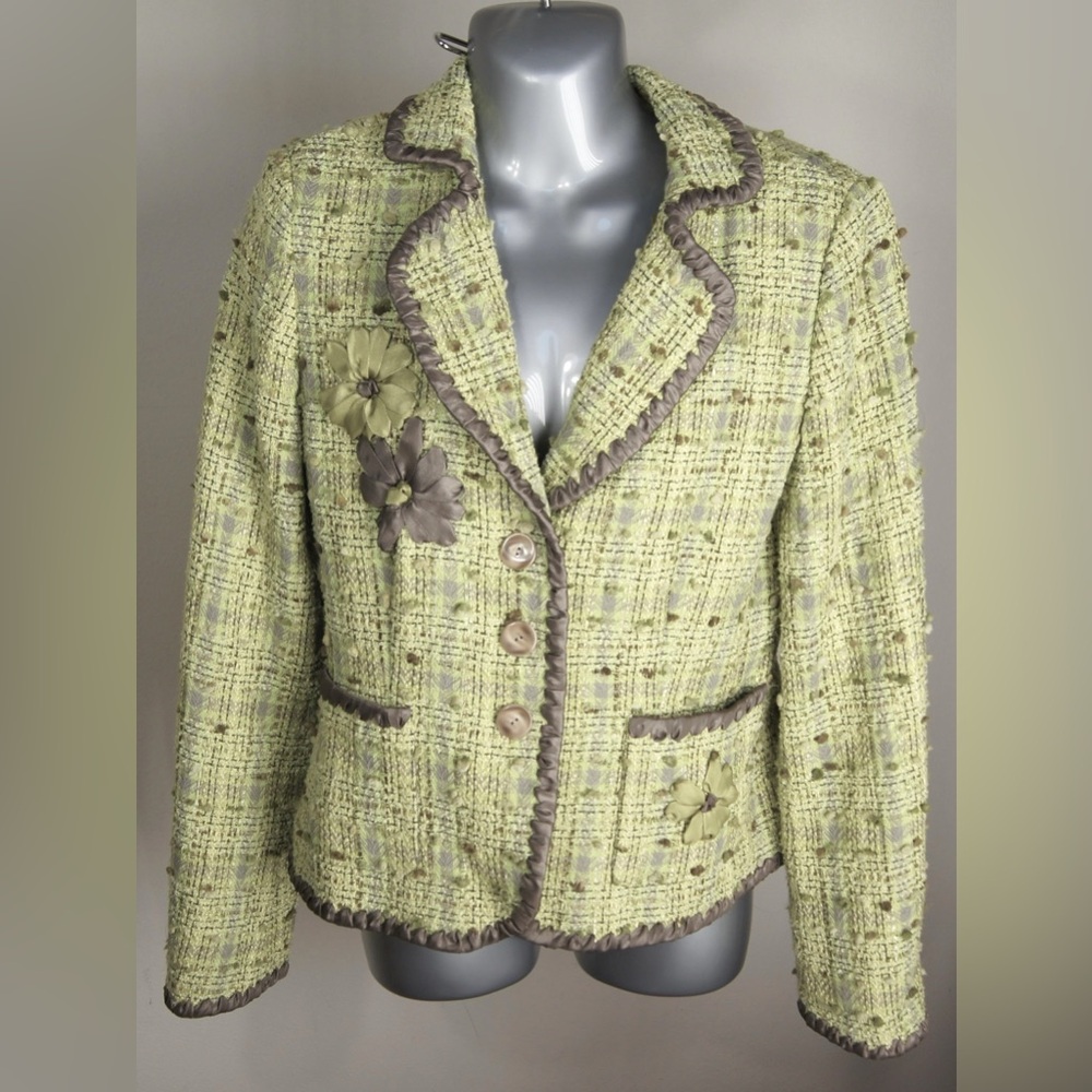 CARLISLE vintage kiwi green tweed blazer with floral accents, size 4